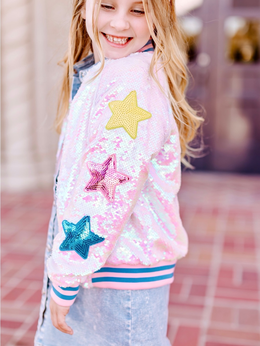 Kids Sequin Star Bomber Jacket - Pink